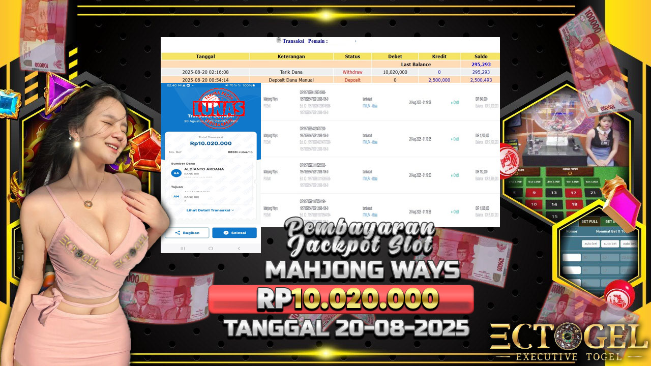 BUKTI JACKPOT SLOT MAHJONG WAYS TERPERCAYA DI INDONESIA TGL  20-08-2025